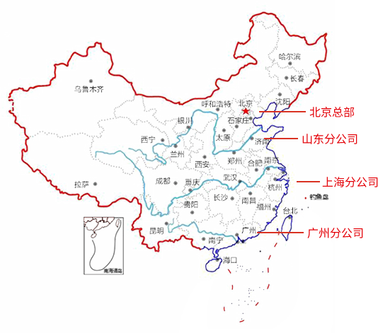 中质学企业培训服务地区地图：服务覆盖全国34省市，设北京总部及山东、上海、广州分公司